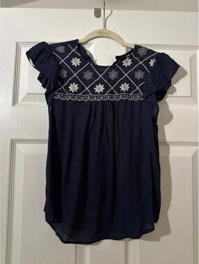MINE Boutique Navy with White Summer Boho Top Small NWT